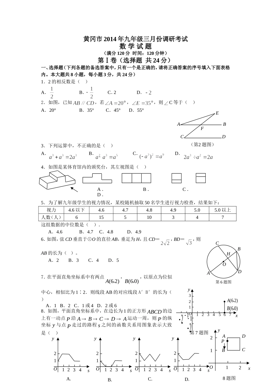 黄冈市2014年九年级三月份调研考试_第1页