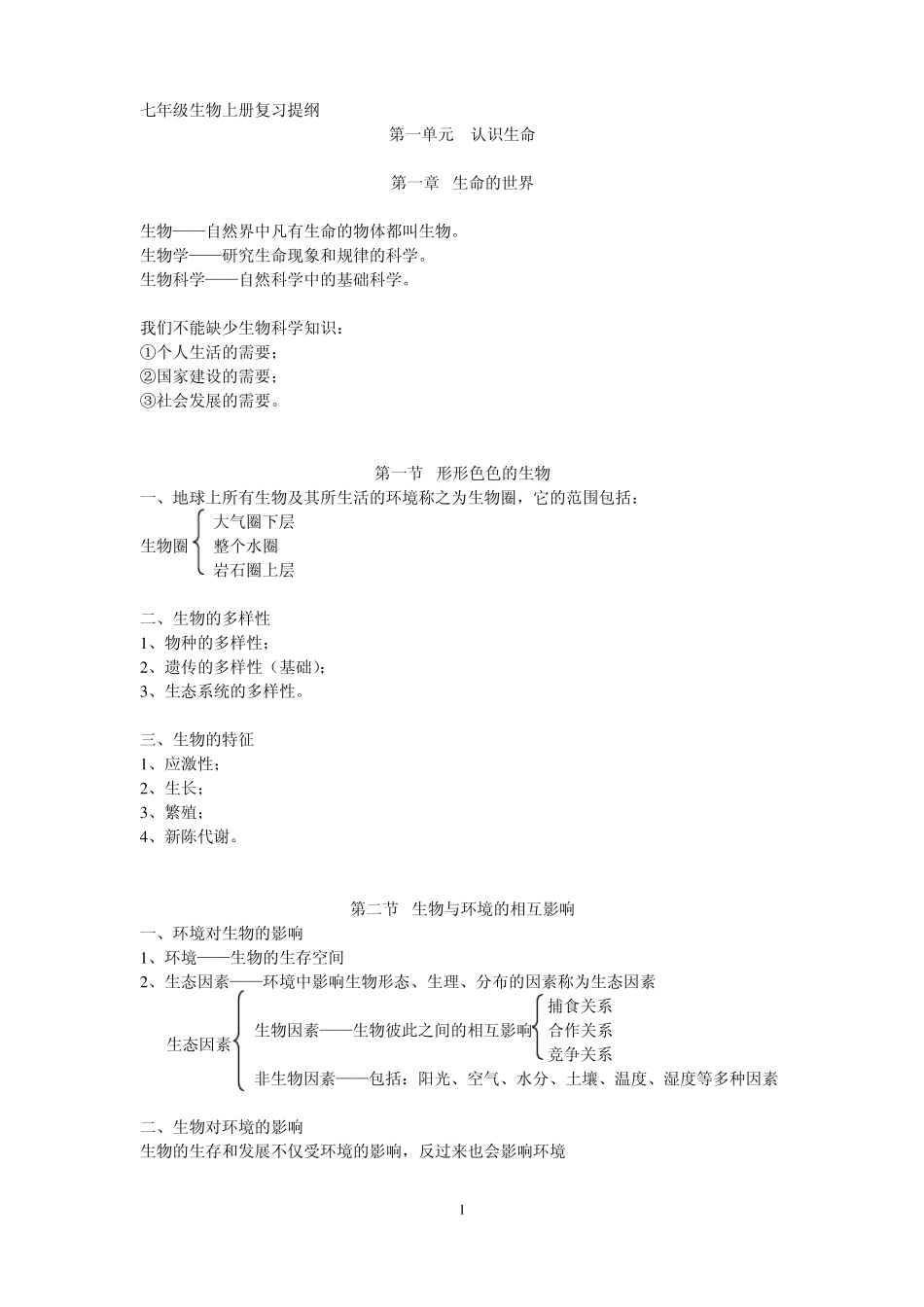 七上册生物总复习提纲_第1页
