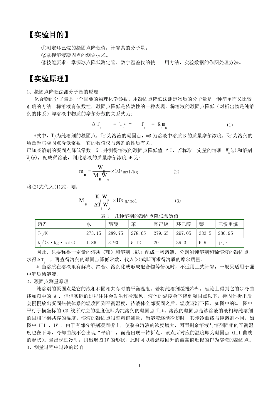 凝固点降低法测定物质的摩尔质量纯萘环己烷_第1页