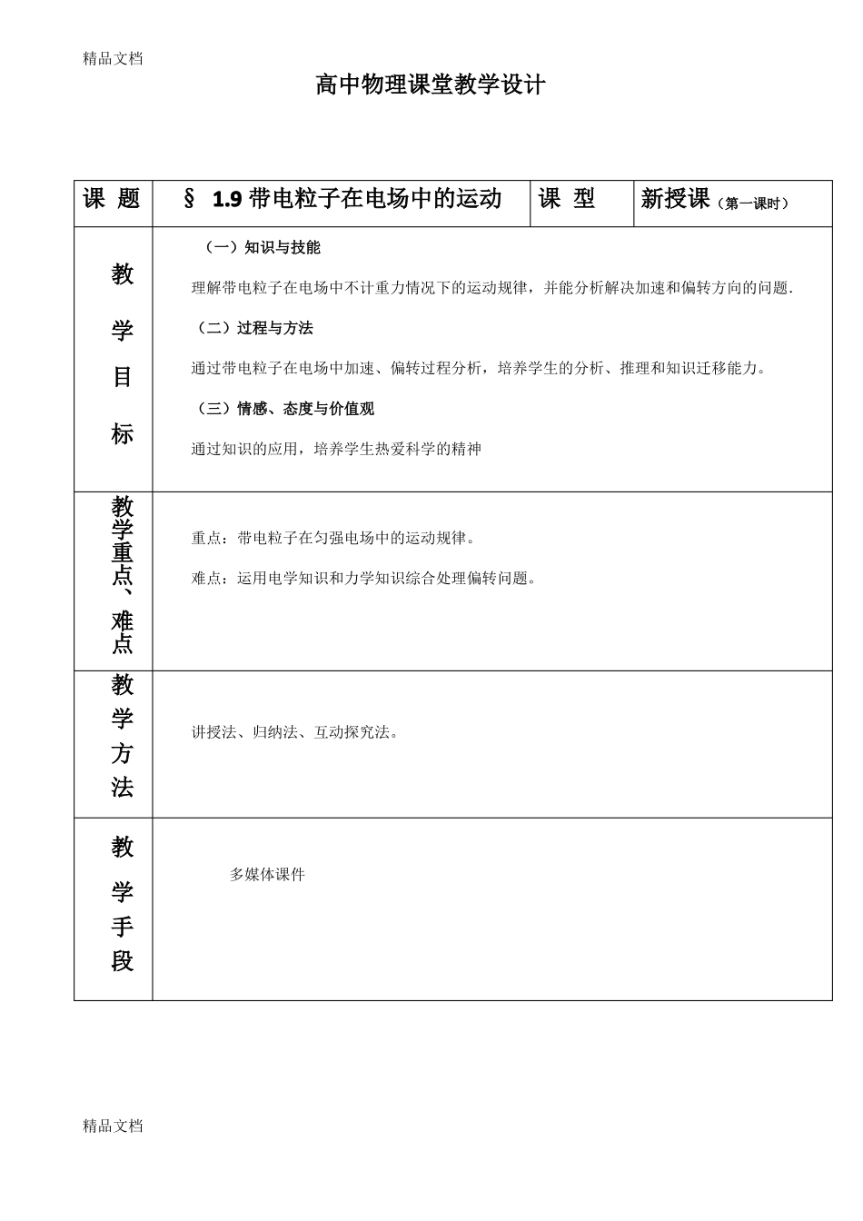 整理高中物理带电粒子在电场中的运动教学设计_第1页