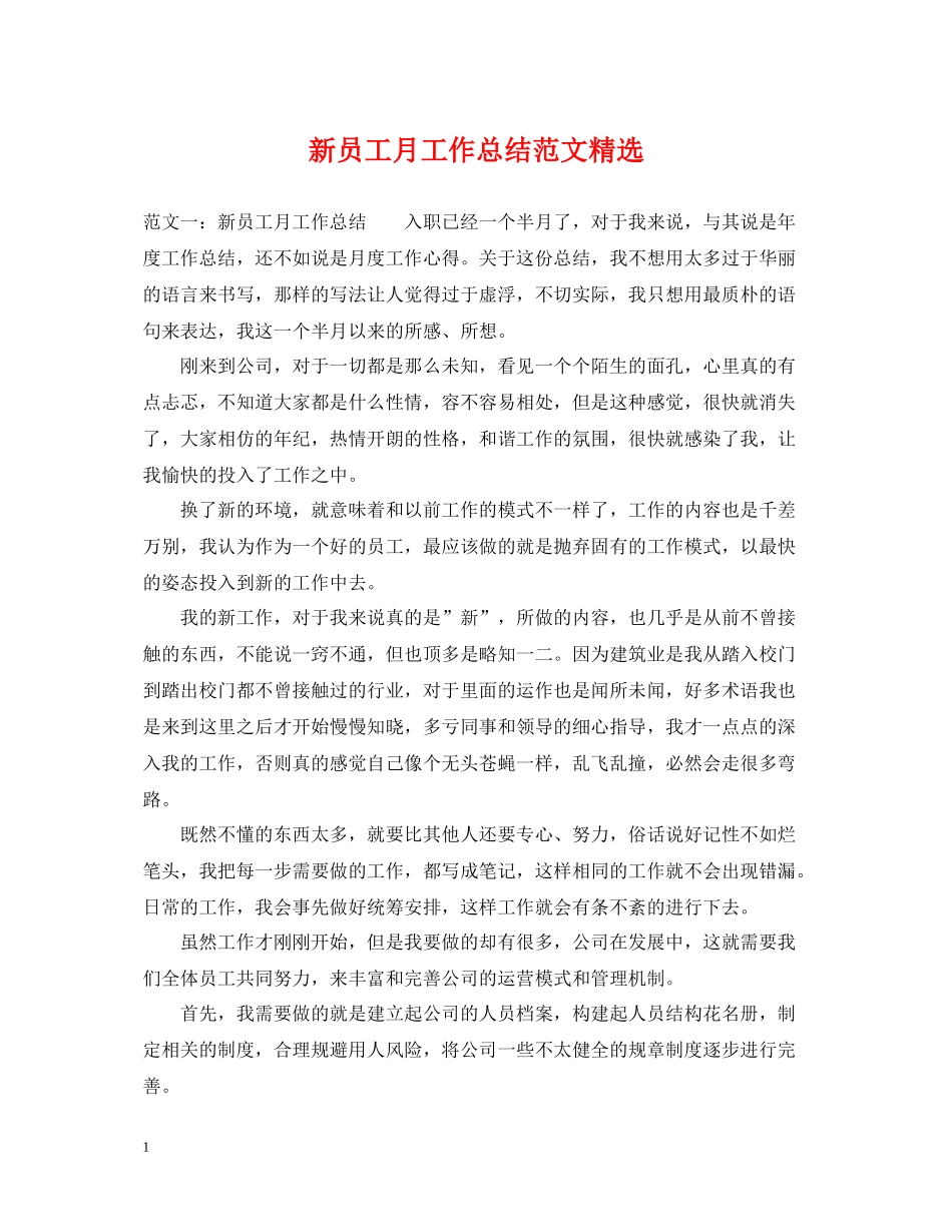新员工月工作总结范文精选_第1页