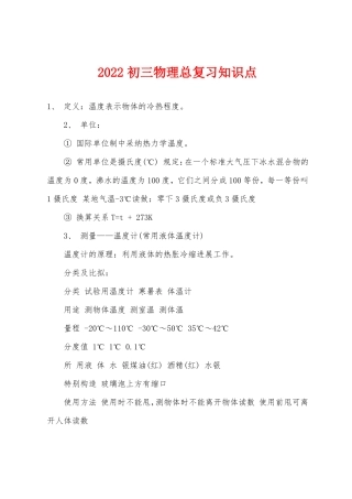 2022年初三物理总复习知识点