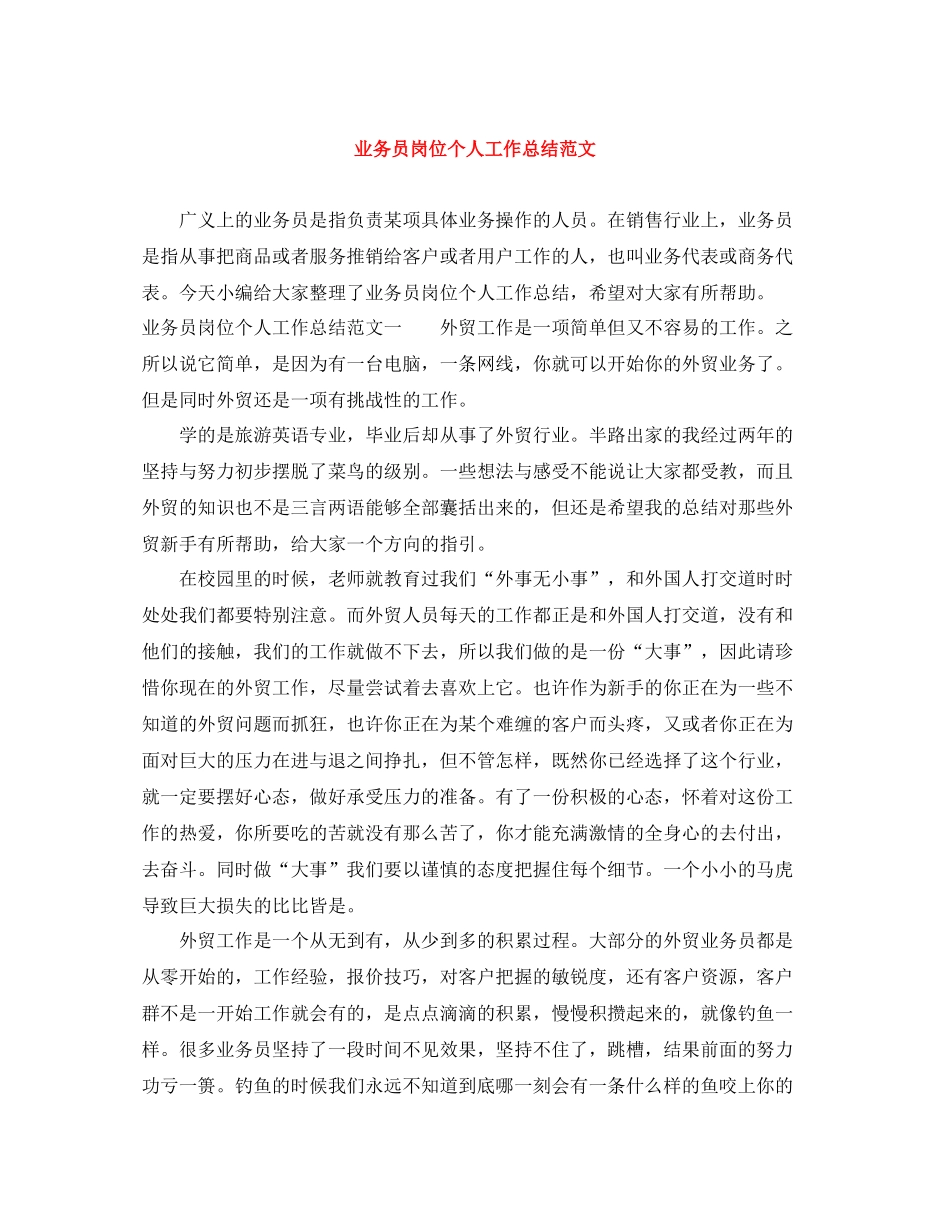 业务员岗位个人工作总结范文_第1页