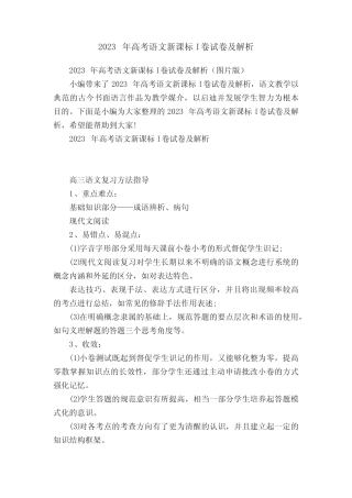2023年高考语文新课标I卷试卷及解析 