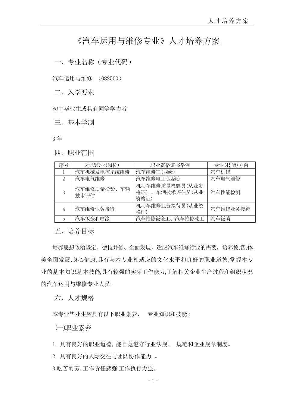 《汽车运用与维修专业》人才培养方案(中职) _第1页