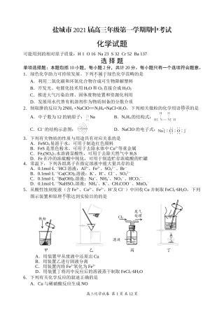 江苏省盐城市2021届高三上学期期中考试化学Word版含答案