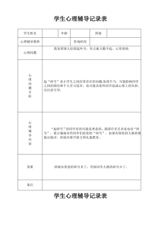 小学心理咨询心理疏导记录表