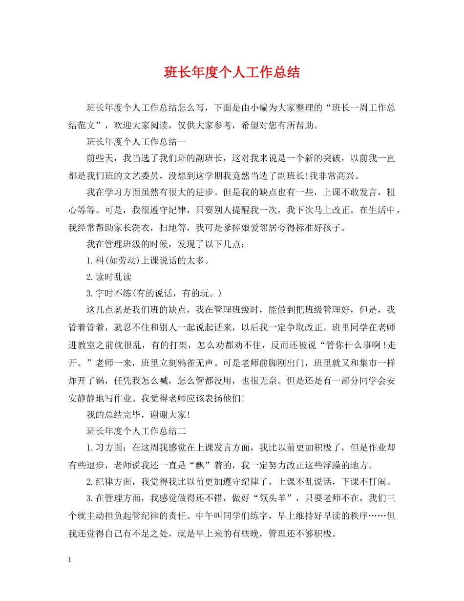 班长年度个人工作总结 _第1页