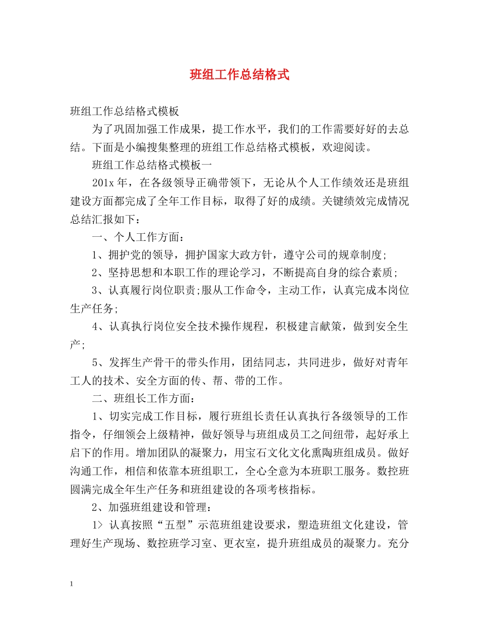班组工作总结格式 _第1页