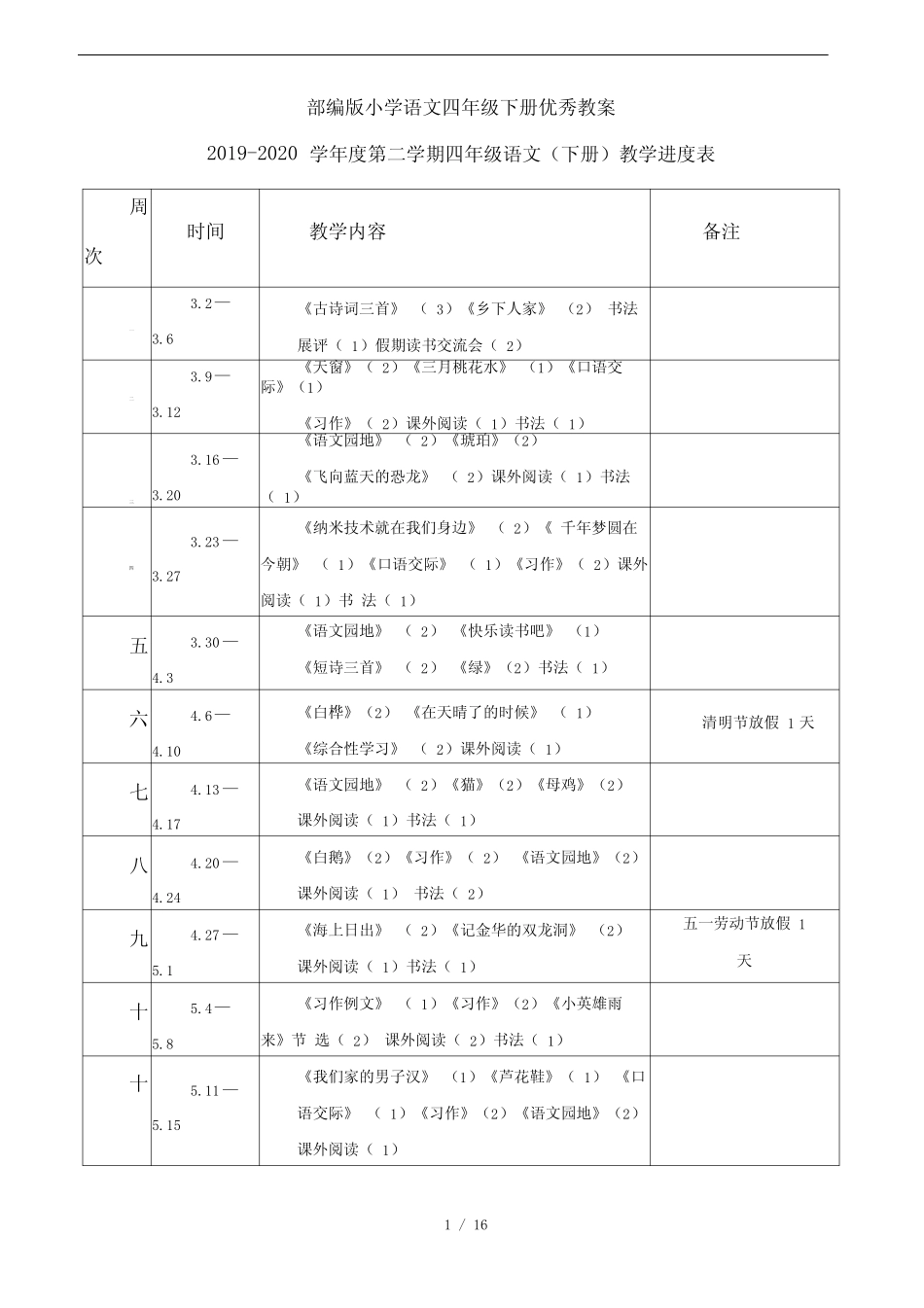 新部编版小学语文四年级下册单元备课 _第1页