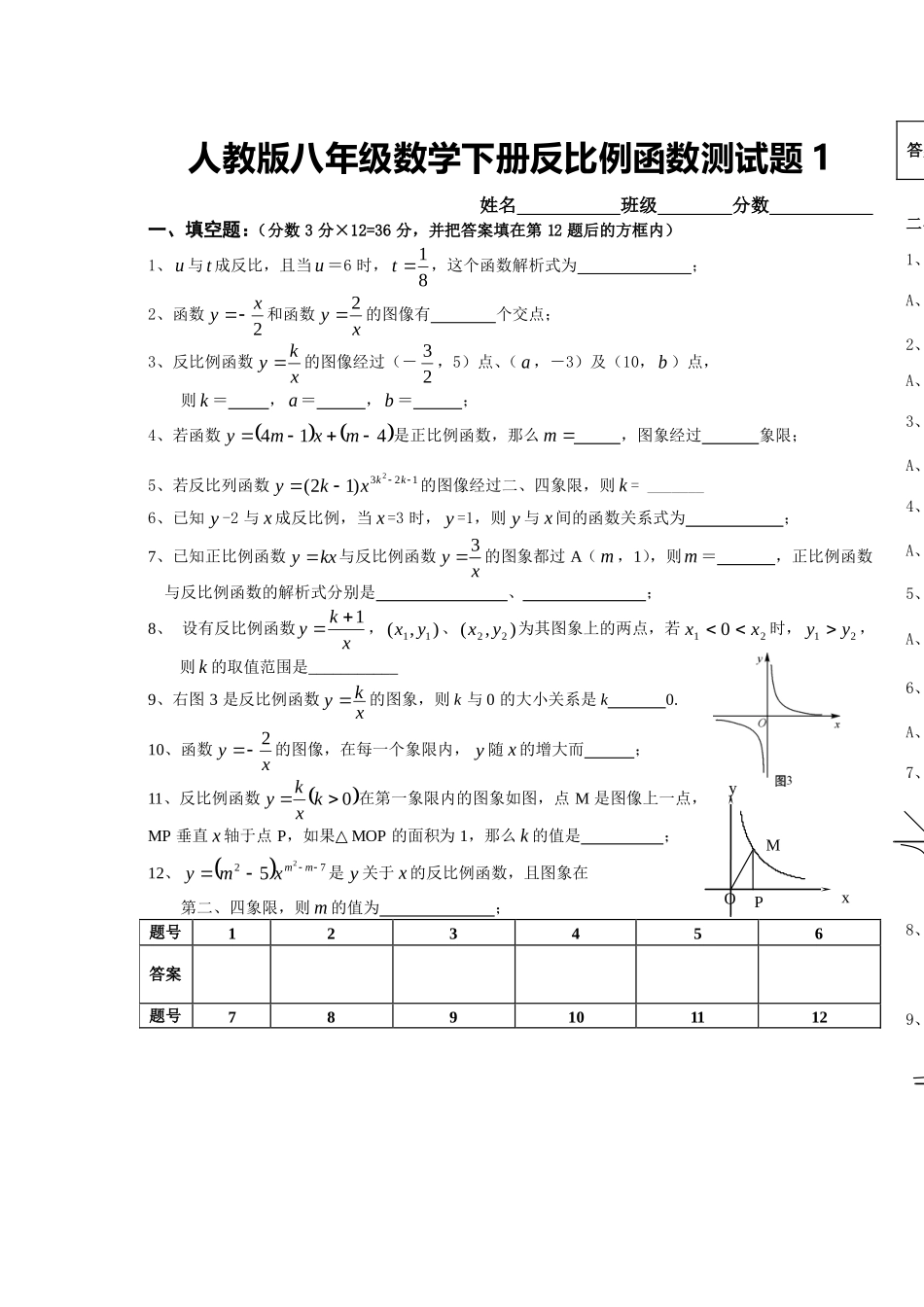 反比例函数试题_第1页