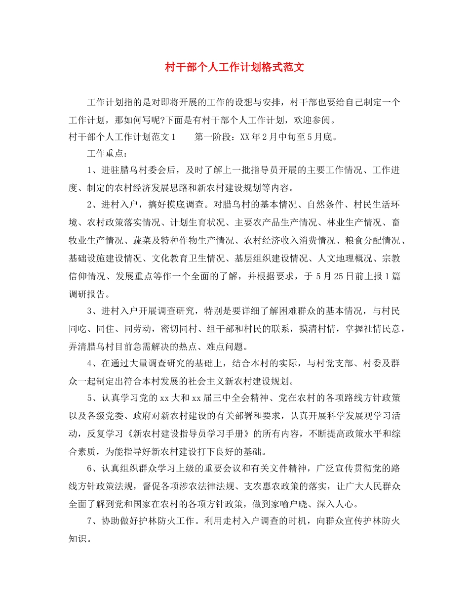 村干部个人工作计划格式范文 _第1页