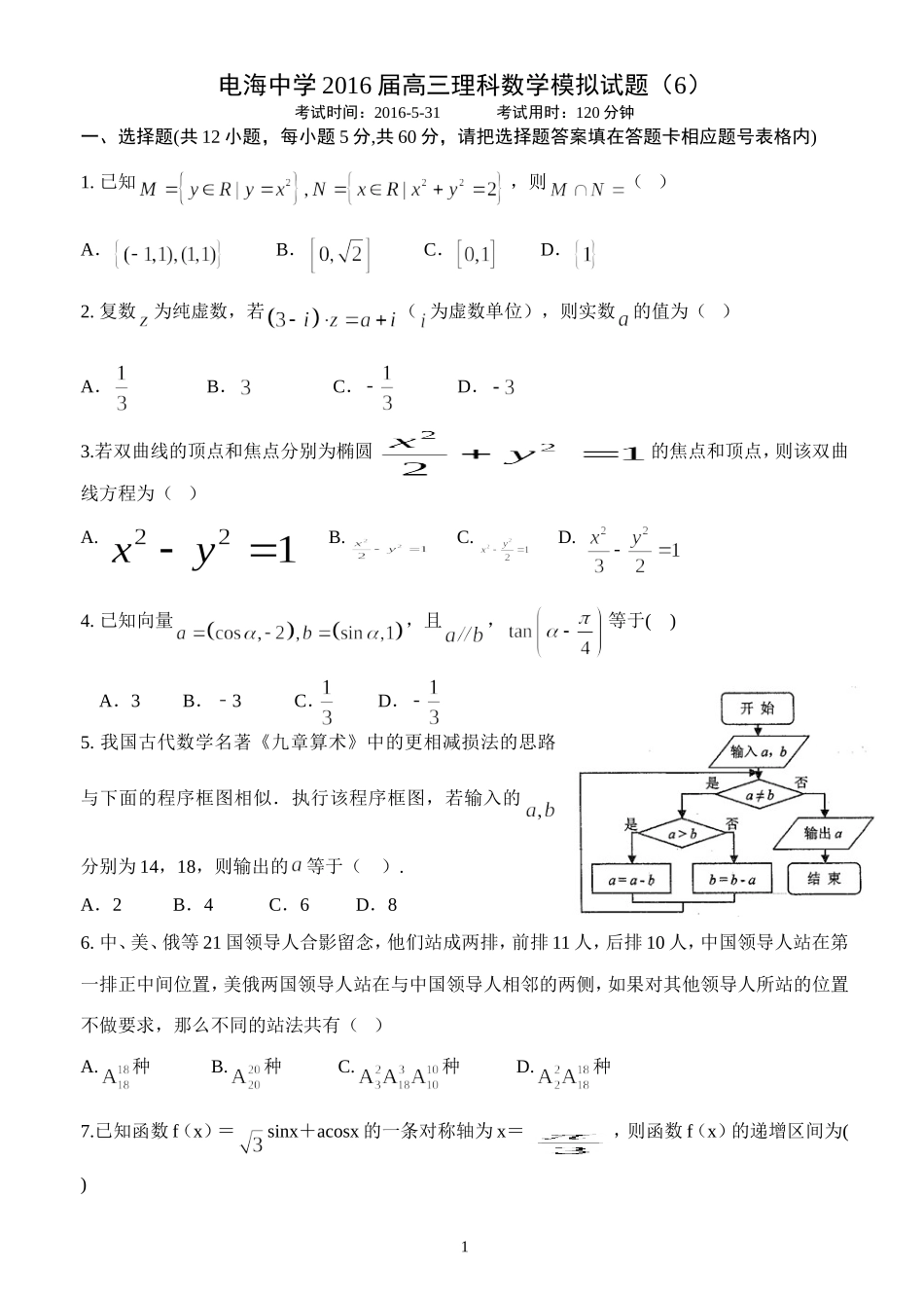 2016届电海中学高三理科数学模拟试题6(学生版)_第1页