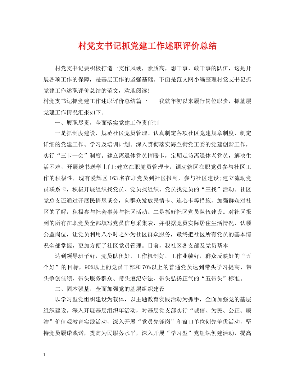 村党支书记抓党建工作述职评价总结 _第1页