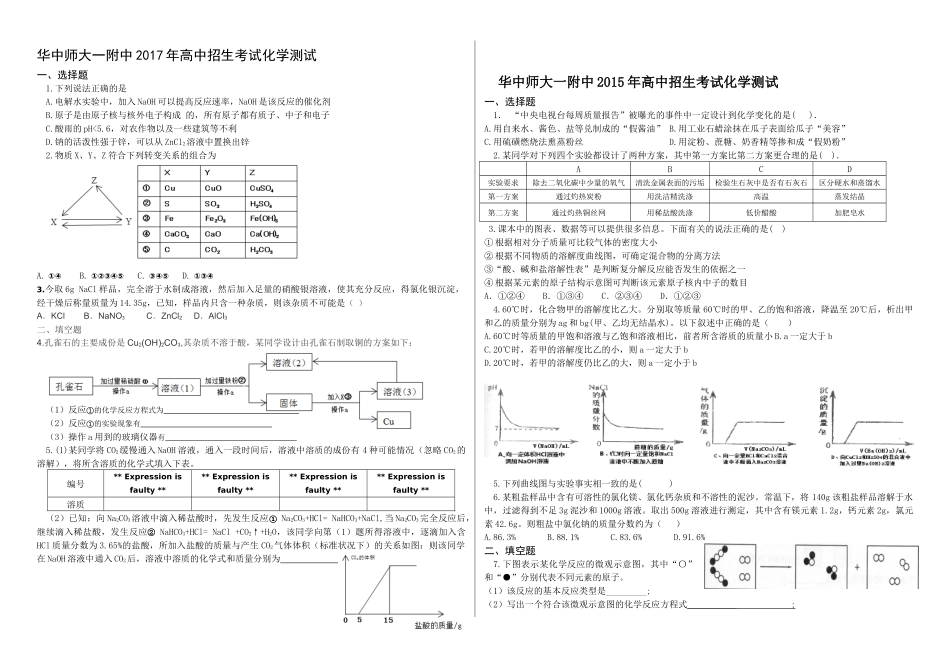 华中师大一附中2017-2005年高中招生化学考试试题（无答案）_第1页