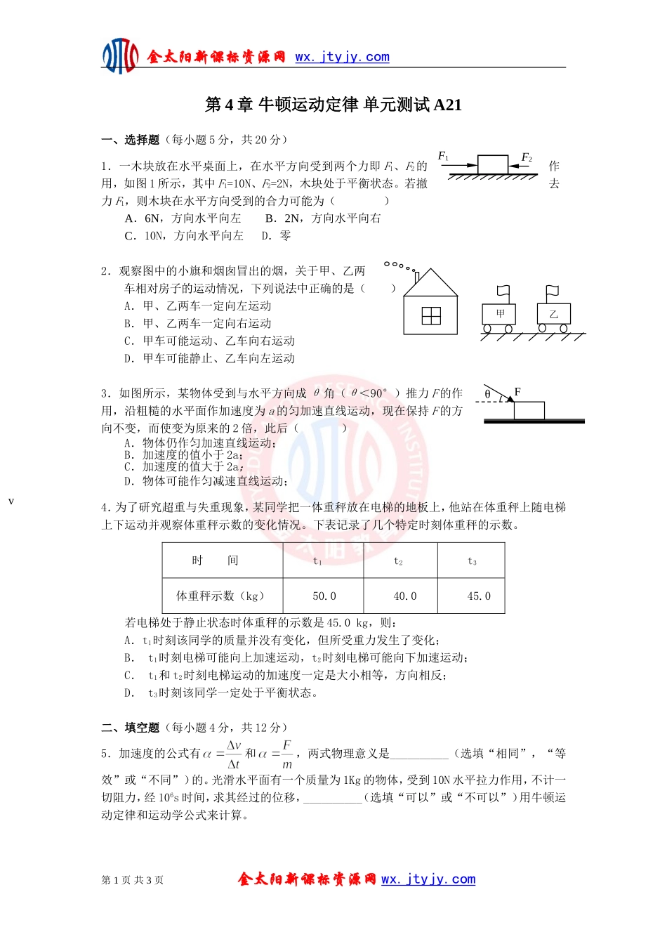 第4章牛顿运动定律单元测试（人教版必修1）_第1页