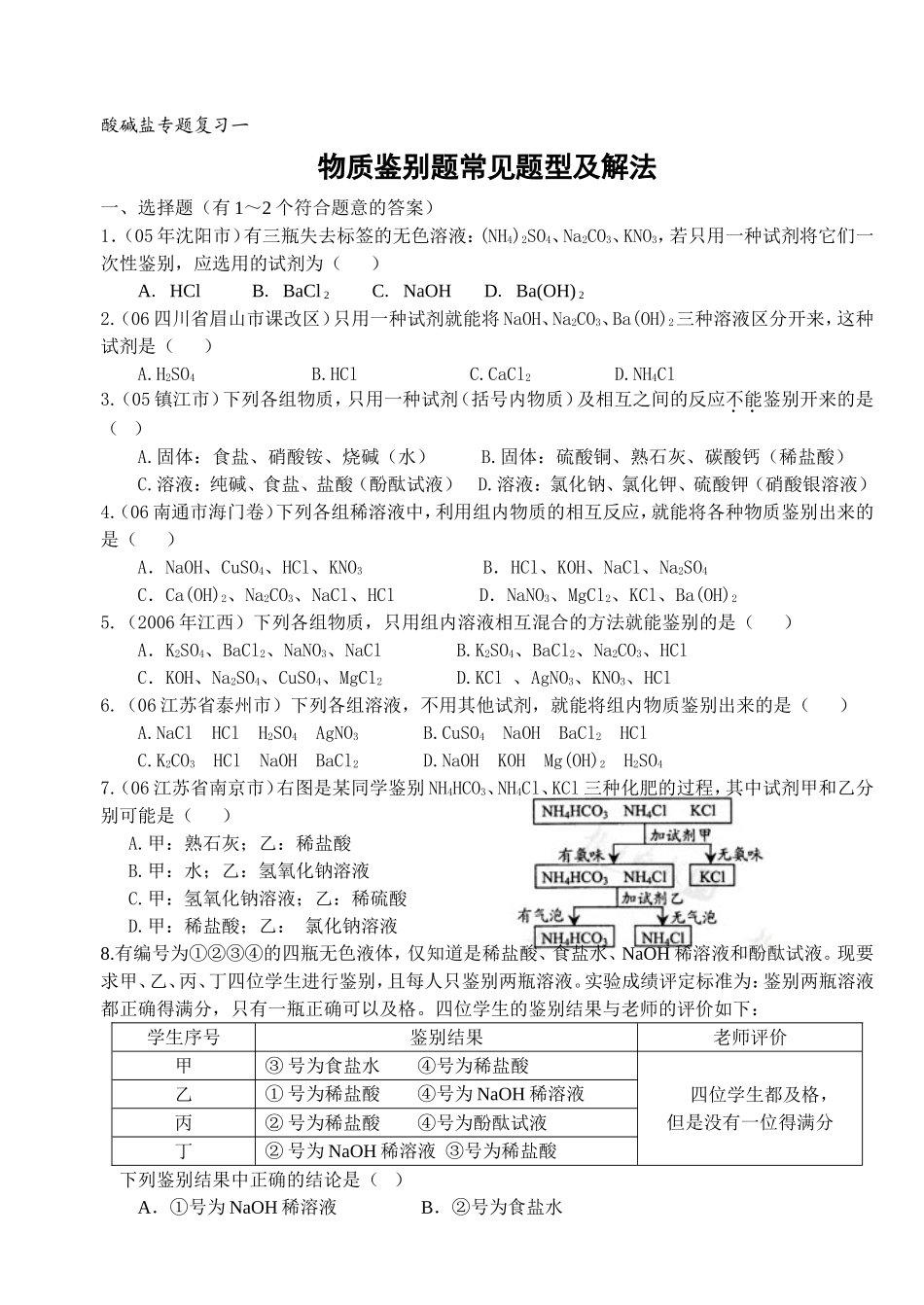 酸碱盐专题复习一《物质鉴别题常见题型及解法》_第1页