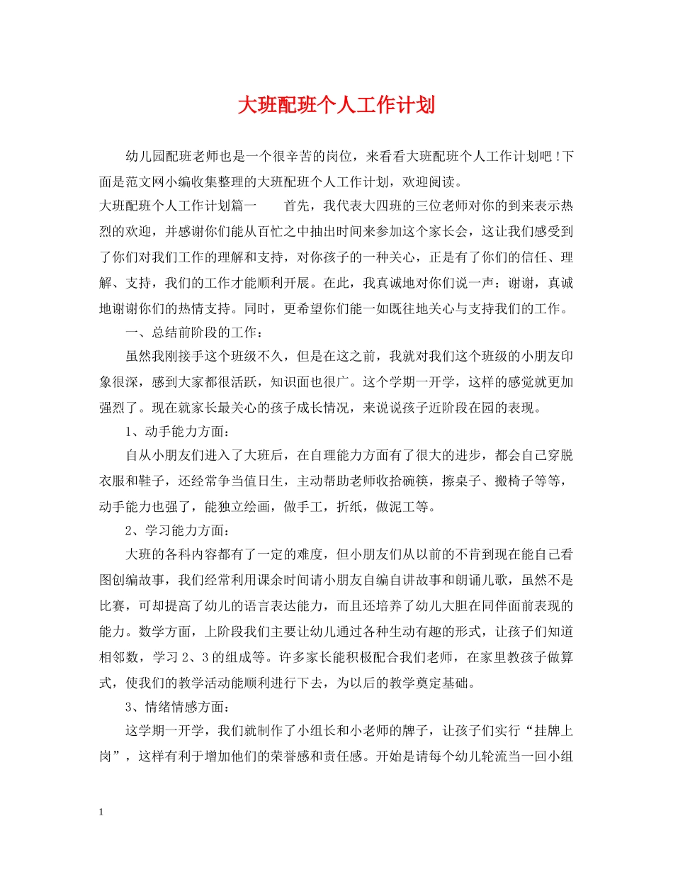 大班配班个人工作计划 _第1页
