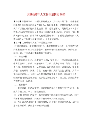 大班幼师个人工作计划例文2020 