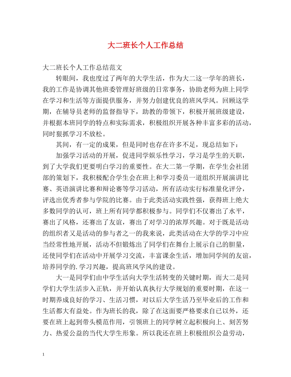 大二班长个人工作总结 _第1页