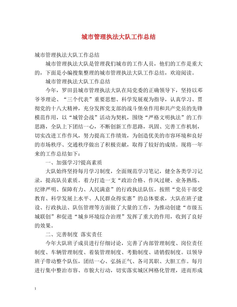 城市管理执法大队工作总结 (2) _第1页