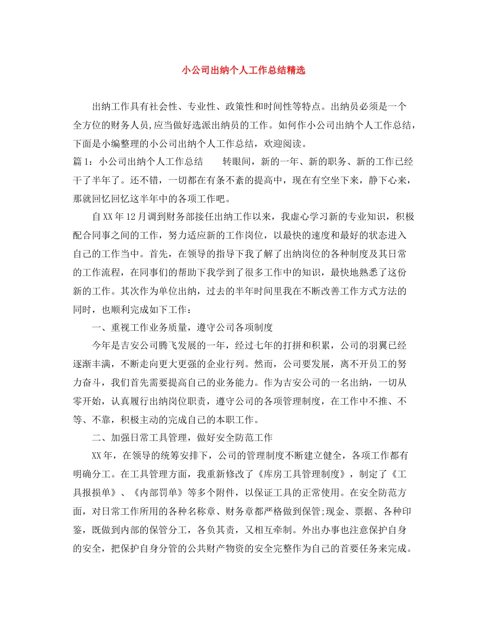 小公司出纳个人工作总结精选_第1页