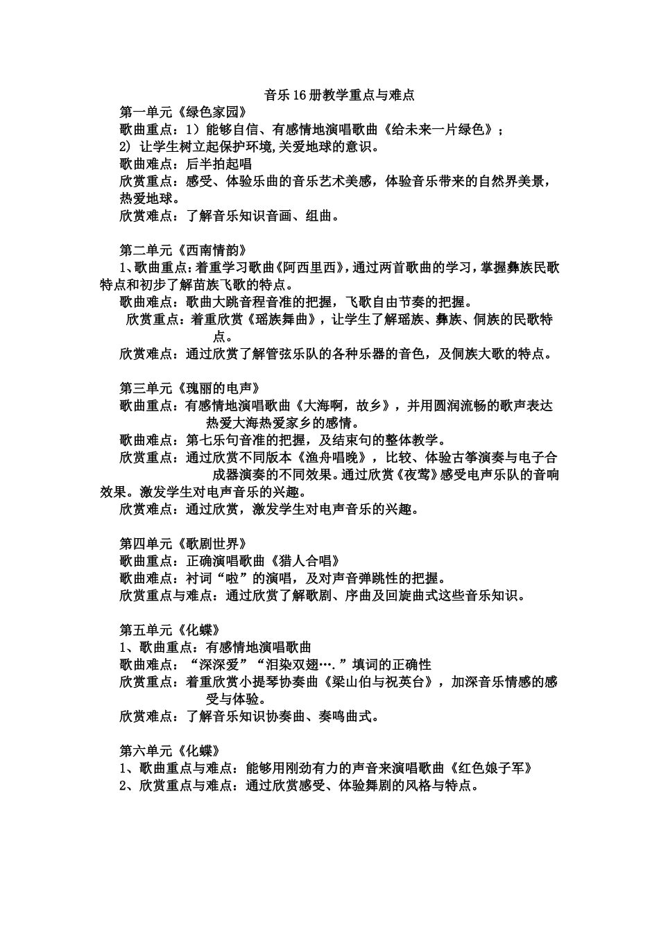 音乐16册教学重点与难点_第1页