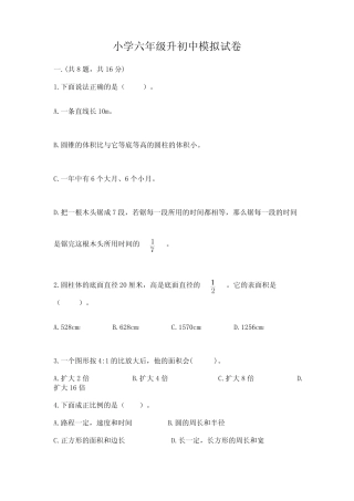 小学六年级升初中模拟试卷附参考答案(轻巧夺冠) 