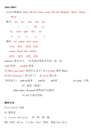 剑桥国际少儿英语一级U1教材文本