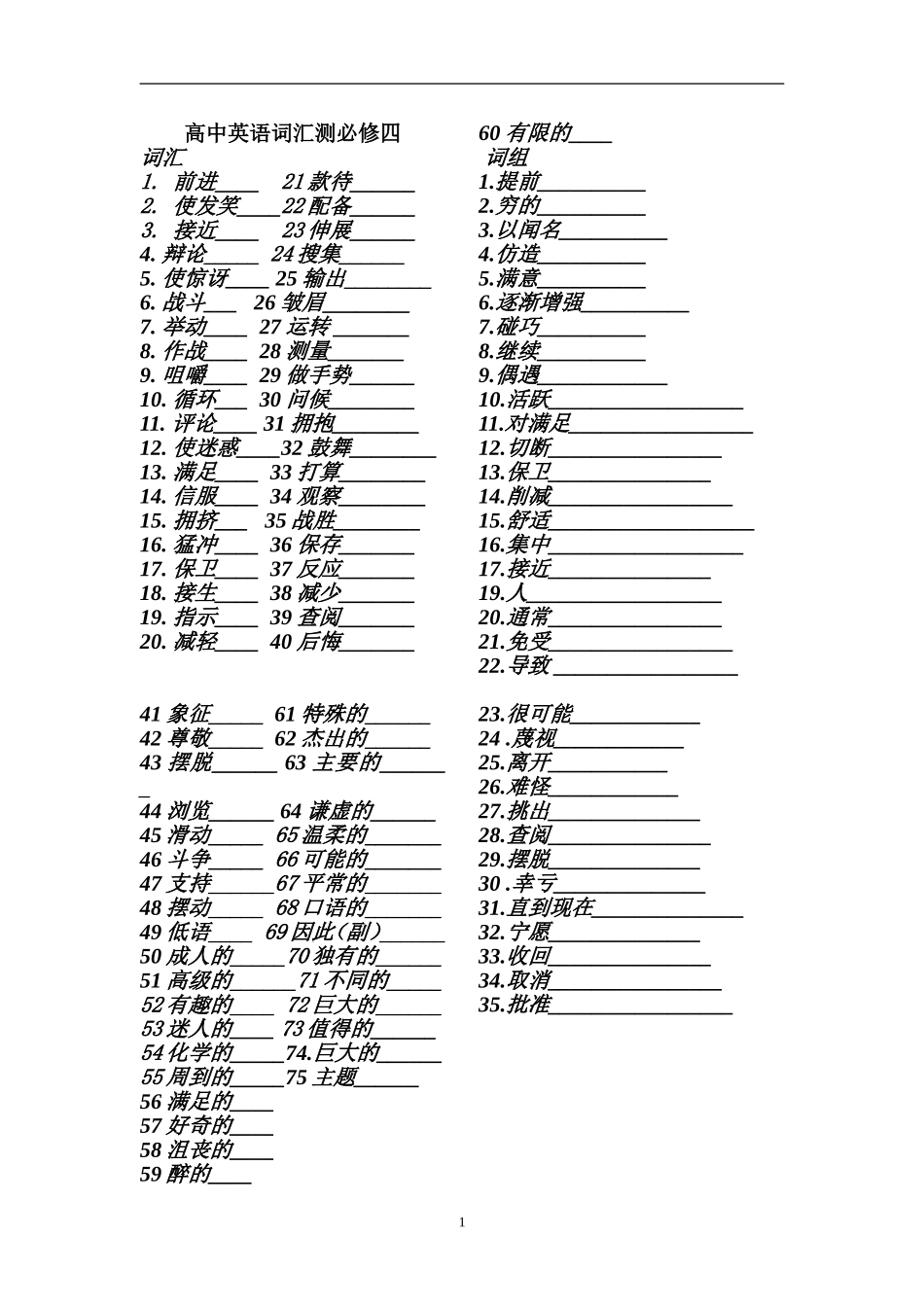 高中英语词汇必修四词汇默写纸_第1页