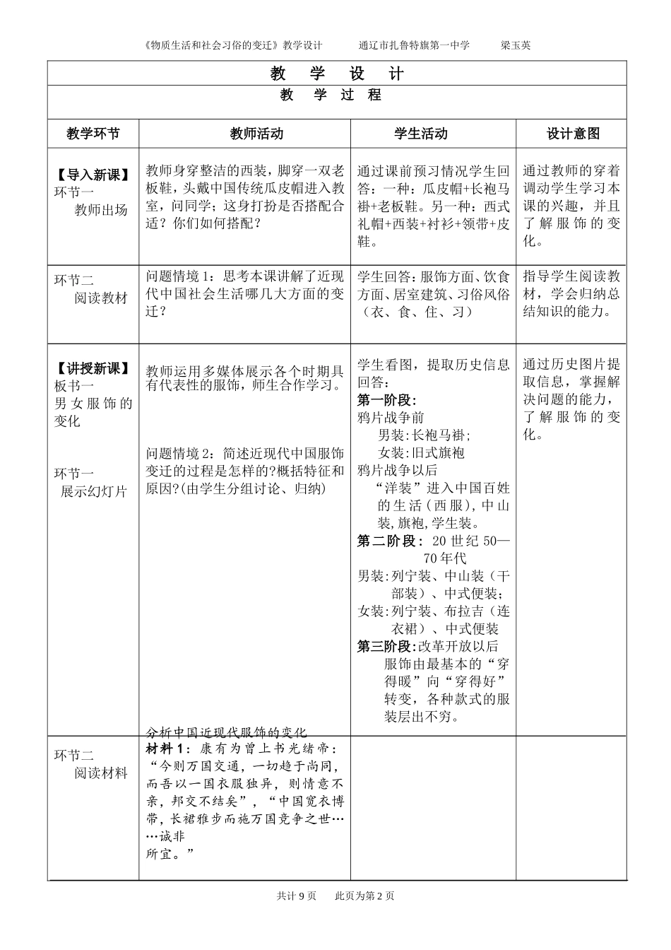 第五单元第14课《物质生活和社会习俗的变迁》教学设计(通辽市扎鲁特一中梁玉英)_第2页