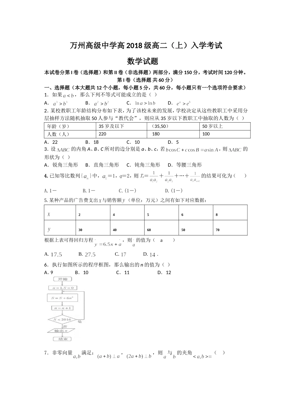 入学试万州高级足协额高二入学试题题_第1页
