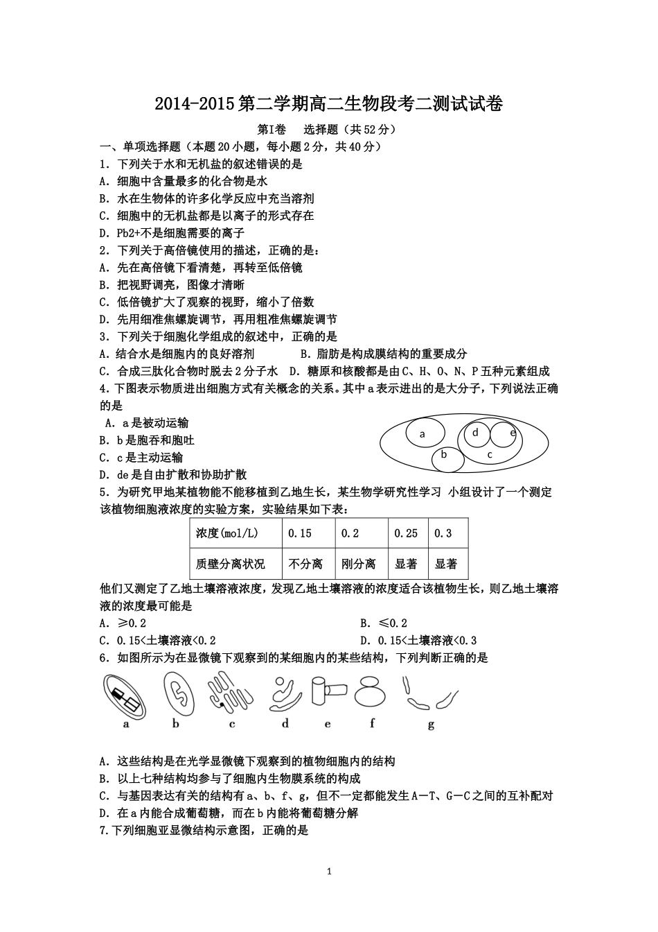 2014-2015高二生物第二学期段考二_第1页