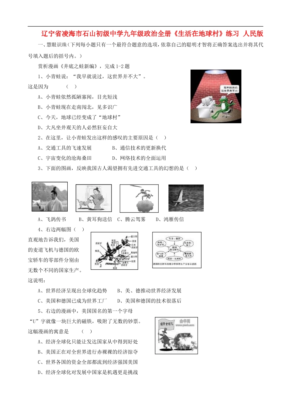 辽宁省凌海市石山初级中学九年级政治全册《生活在地球村》练习人民版_第1页