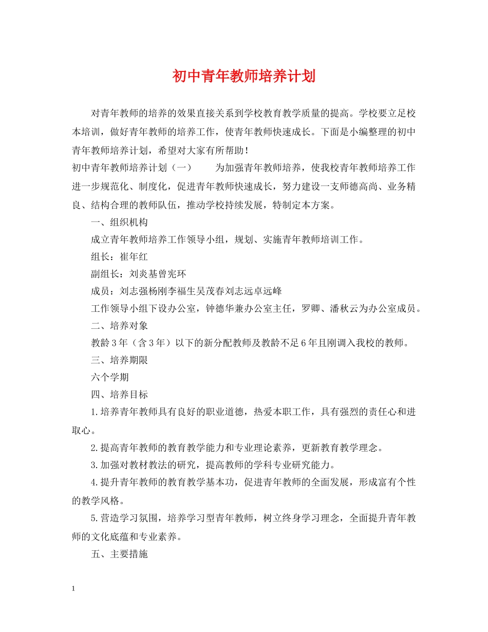 初中青年教师培养计划 _第1页
