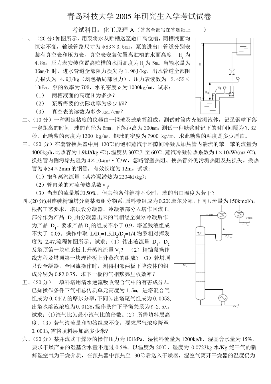 青岛科技大学2002010年化工原理真题_第1页