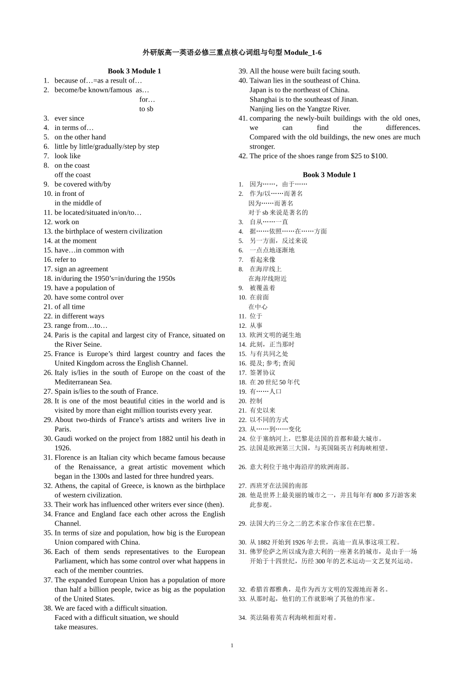 外研版高一英语必修三重点核心词组与句型Module_1-6_第1页