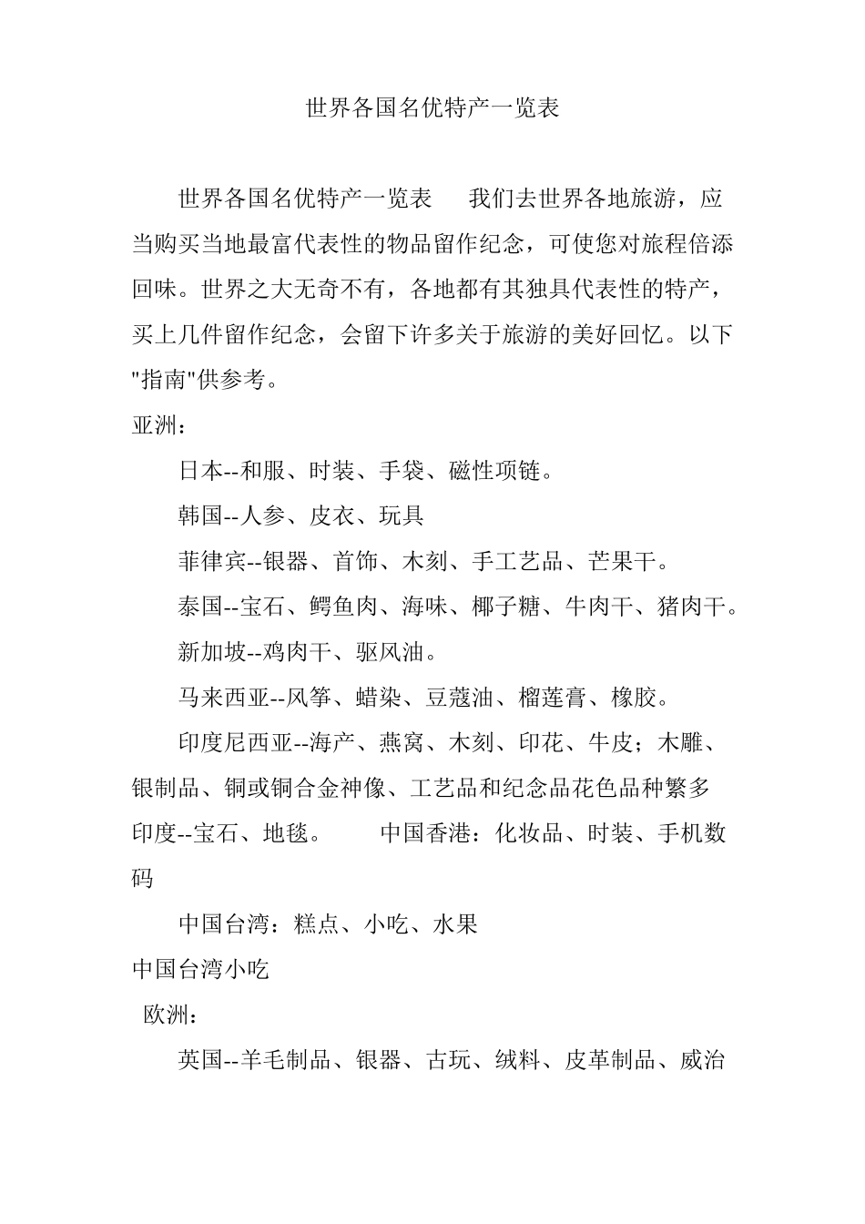 世界各国名优特产一览表_第1页