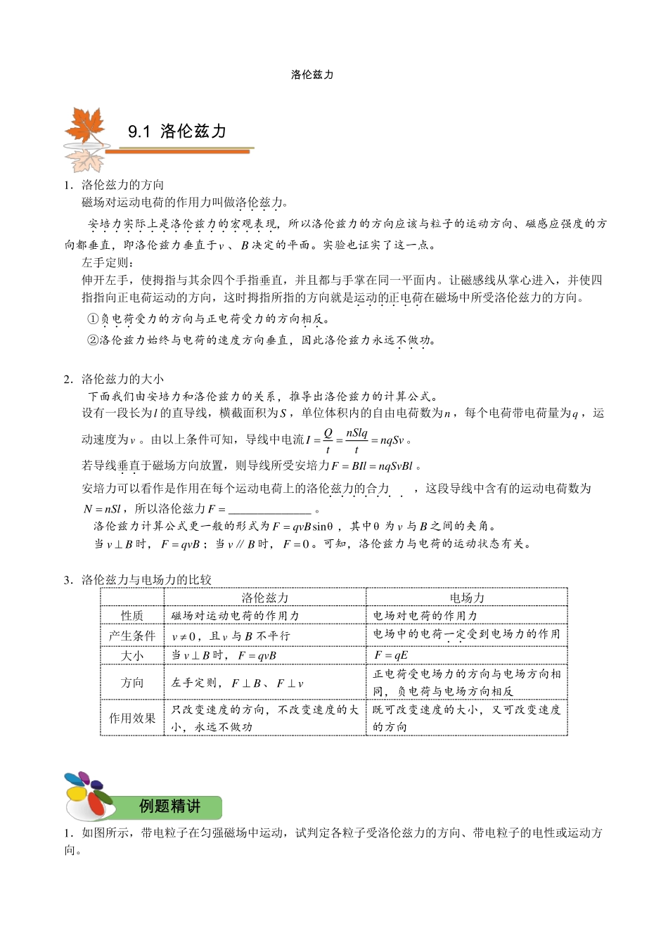 高二物理上册洛伦兹力知识总结_第1页