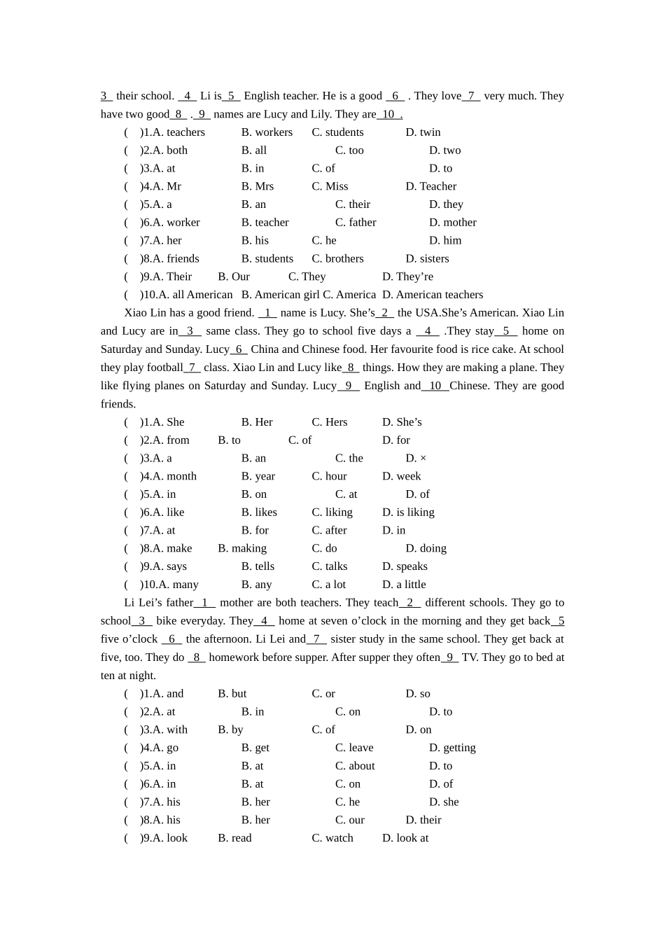 六年级完形填空练习1_第2页