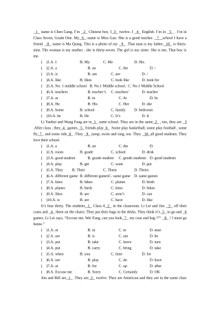 六年级完形填空练习1