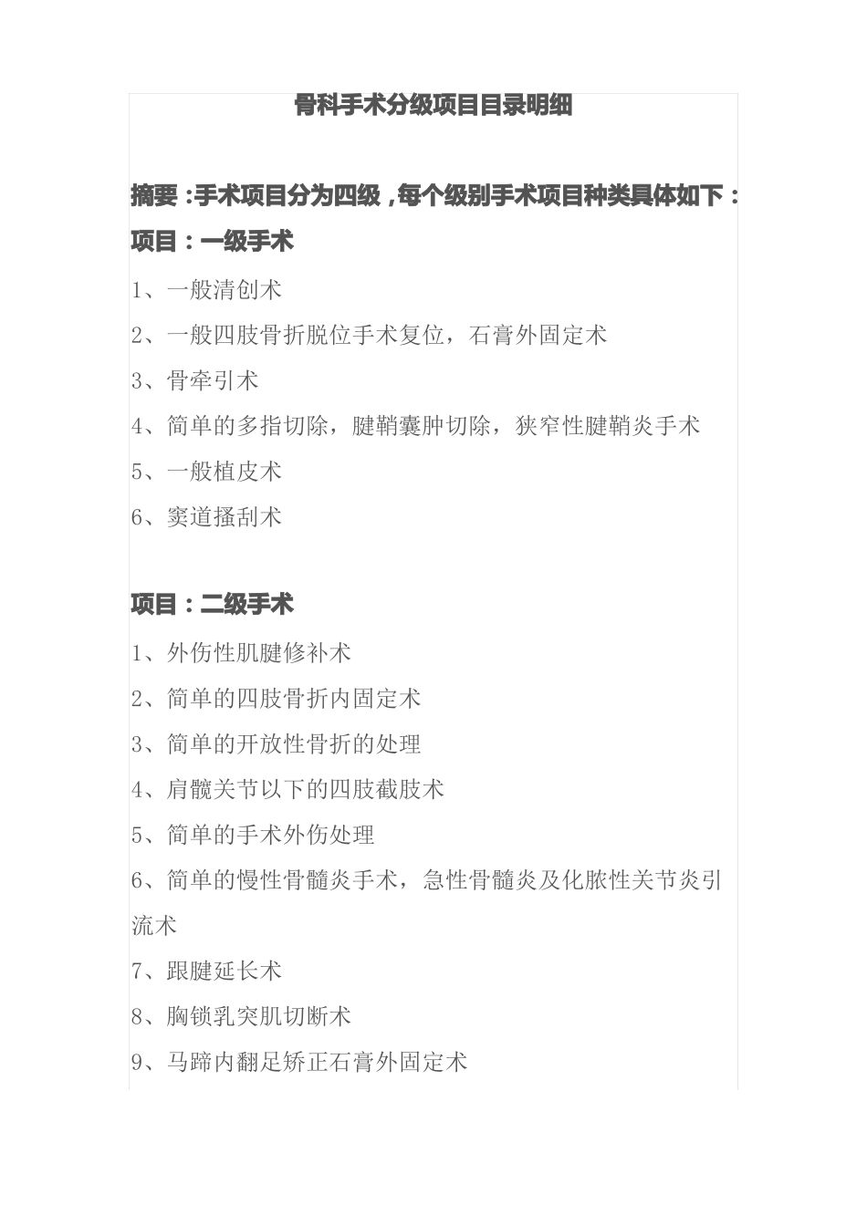 骨科手术分级项目目录明细_第1页