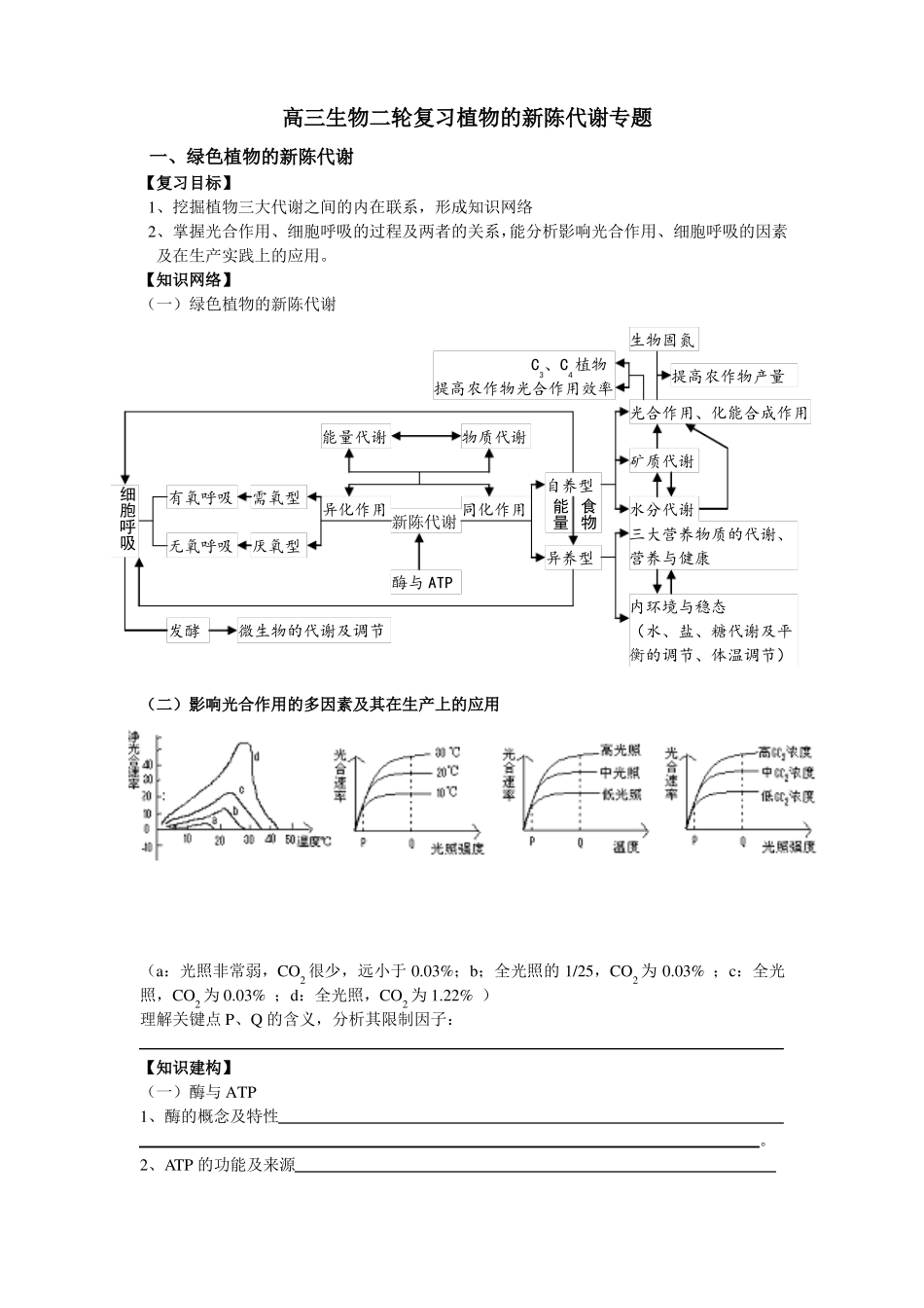 高三生物二轮复习学案植物的新陈代谢专题附答案_第1页