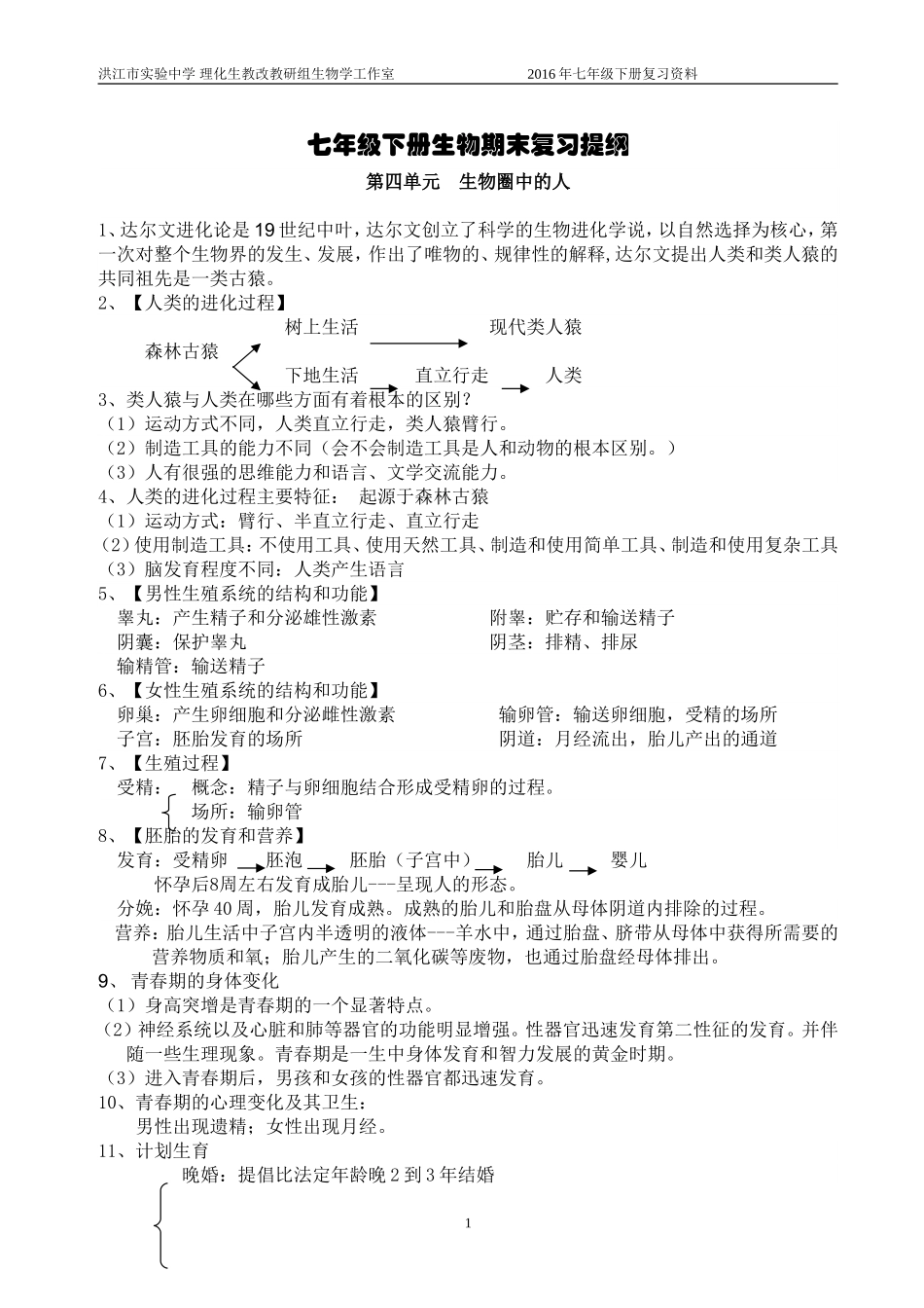 人教版七年级下册生物学考试复习提纲_第1页