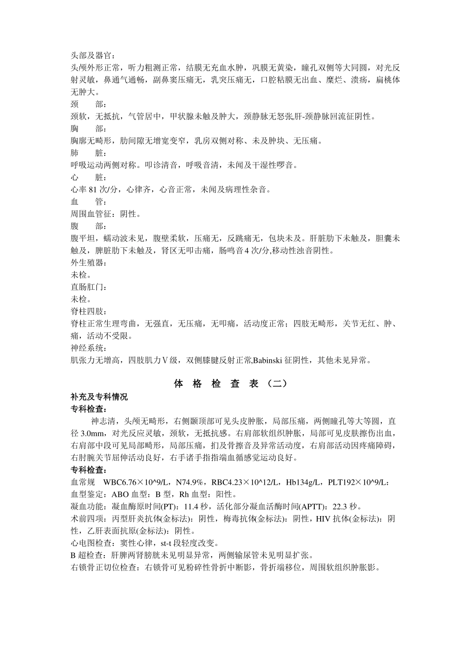 锁骨骨折完整病历模板_第2页