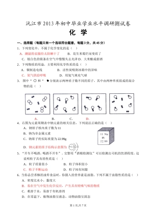 2013年沅江中考化学第一次调考试题
