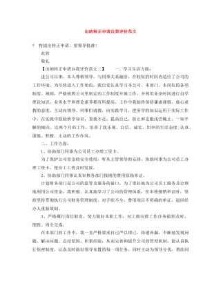 出纳转正申请自我评价范文 