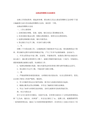 出纳试用期转正总结报告 