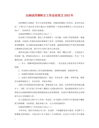 出纳试用期转正工作总结范文20XX年 
