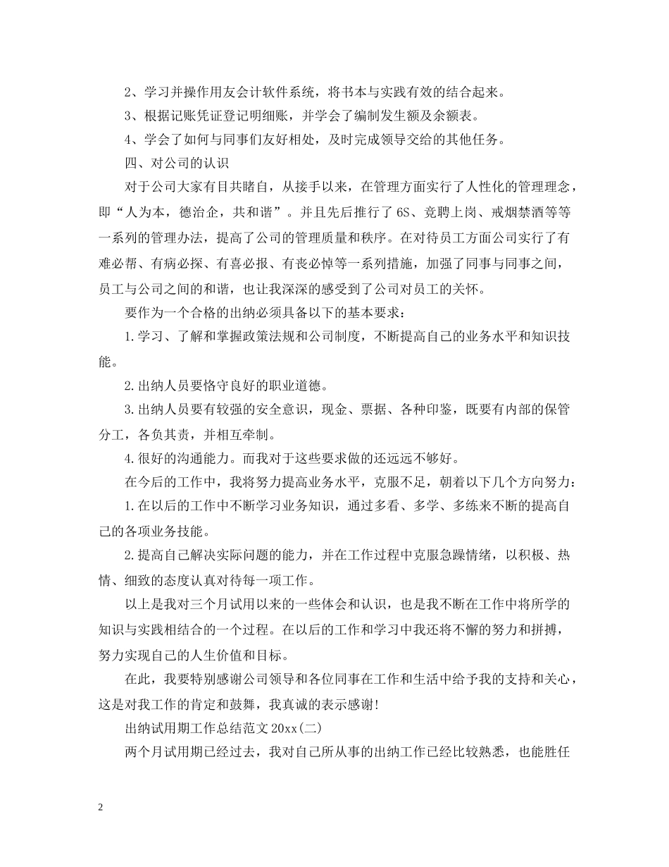 出纳试用期工作总结范文20XX年 _第2页